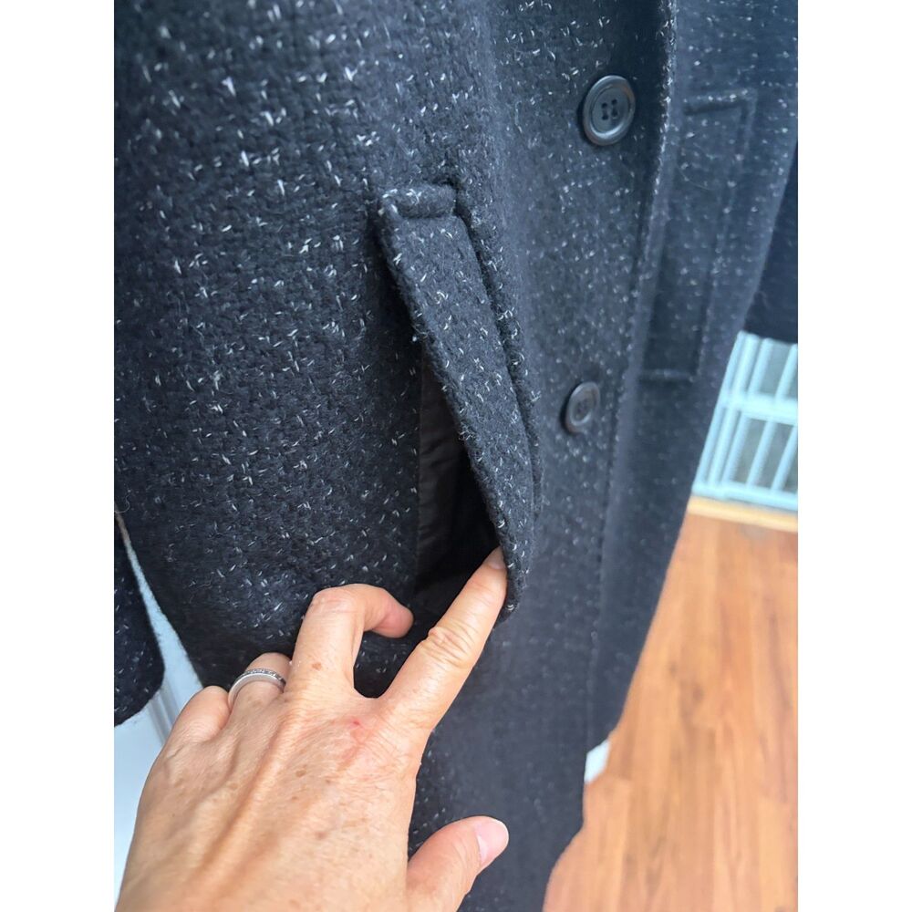 Vintage 80s 90s Hunters Run Womens 14 Wool Tweed Coat Leather Collar Black Grey